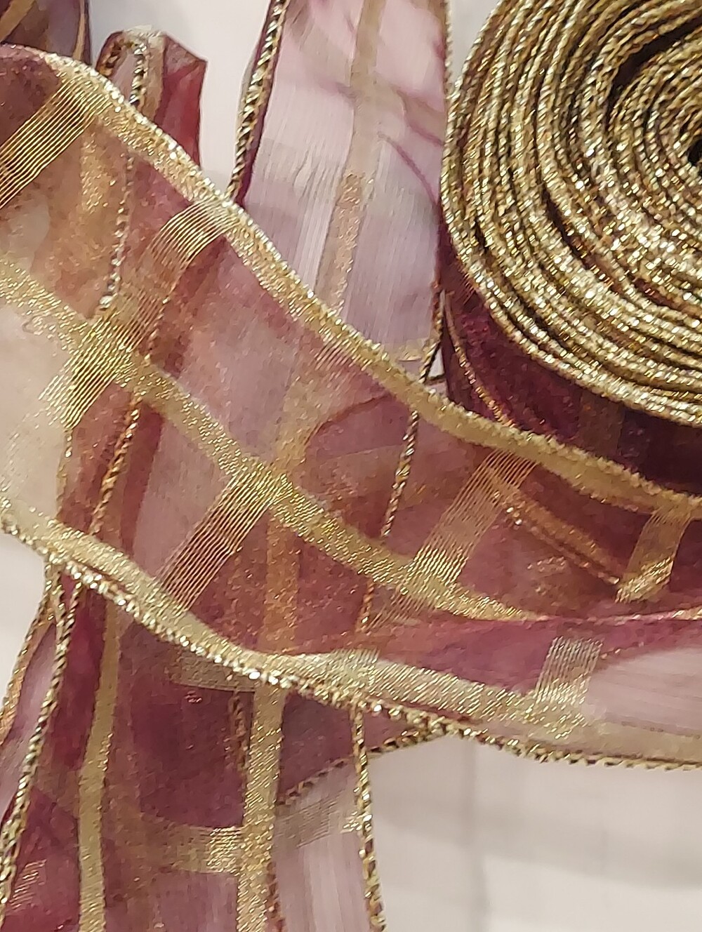 Sullivans Sheer Wired Ribbon, Burgandy/Bronze Gold Metallic Trim/Plaid,17yds,New